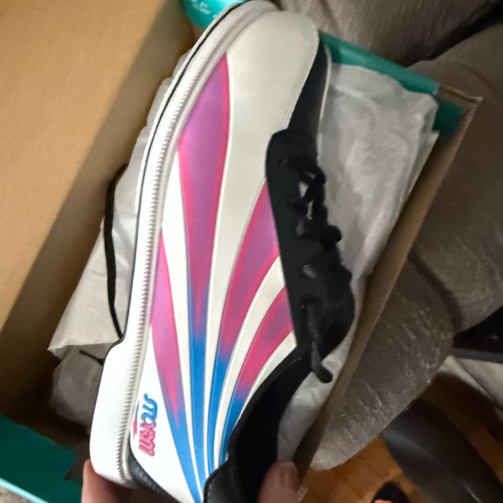 White bowling shoes with Pink and Blue Accents